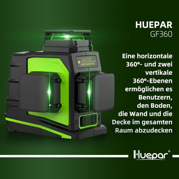Huepar GF360G - 3 x 360 Grad Laser - Grüner Selbstnivellierender Laser - 3 x 360 Kreuzlinienlaser Grün – HUEPAR DE