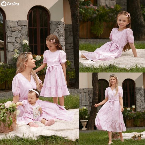 Mommy and Me Pink Jacquard Puff Sleeves Belted Church Tiered Dresses with Hidden Snap Only $48.99 PatPat US 广告素材