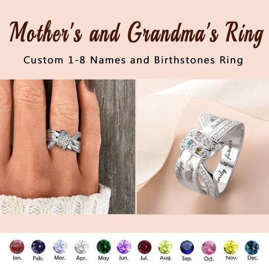 Custom Name and Text Birthstone Ring Personalized Family Ring Gift For Her