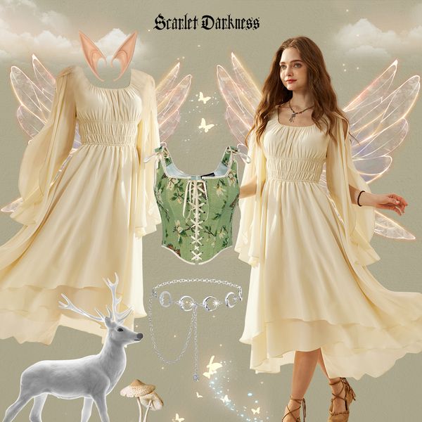 Fantasy Faux Elf Wing Sleeves Crew Neck Tiered Maxi Dress 广告素材