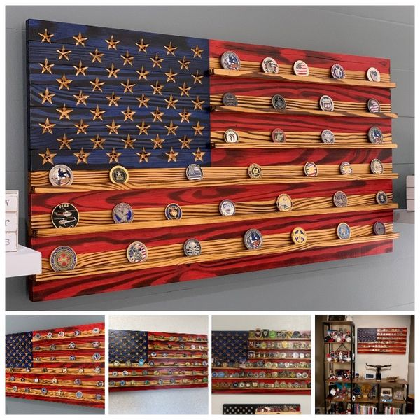 Challenge Coin Display Rack Holder - Rustic American Flag