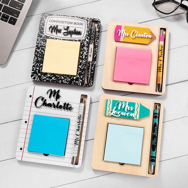 Personalized Pencil Crayon Notebook Composition Book Sticky Note Wooden Holder with Pen and Pen Slot Appreciation Gift for Teacher - CALLIE 广告素材