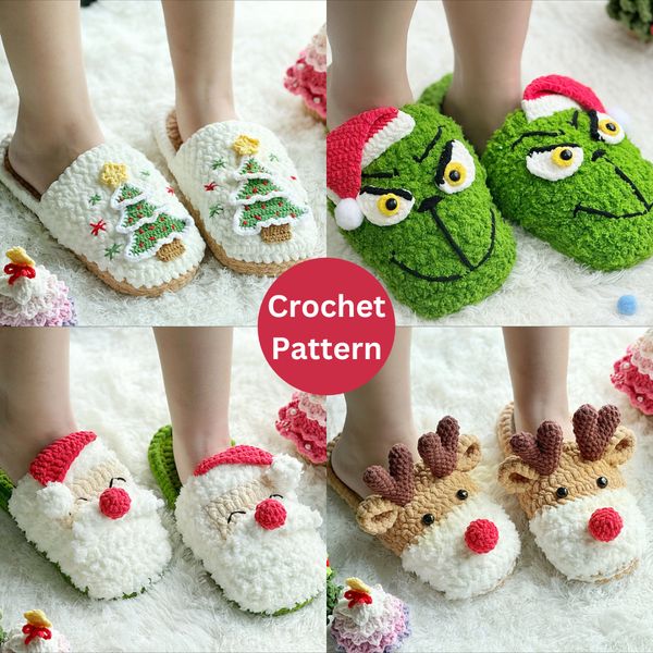 4 in 1 Crochet Slippers Christmas Patterns | Grinch, Santa, Reindeer, – Kyla Creations 广告素材