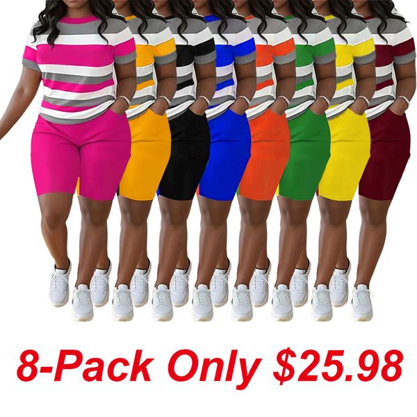 2024-New Large Size Women's Short Sleeve Shorts Set (Colorblocked Roun - 广告素材