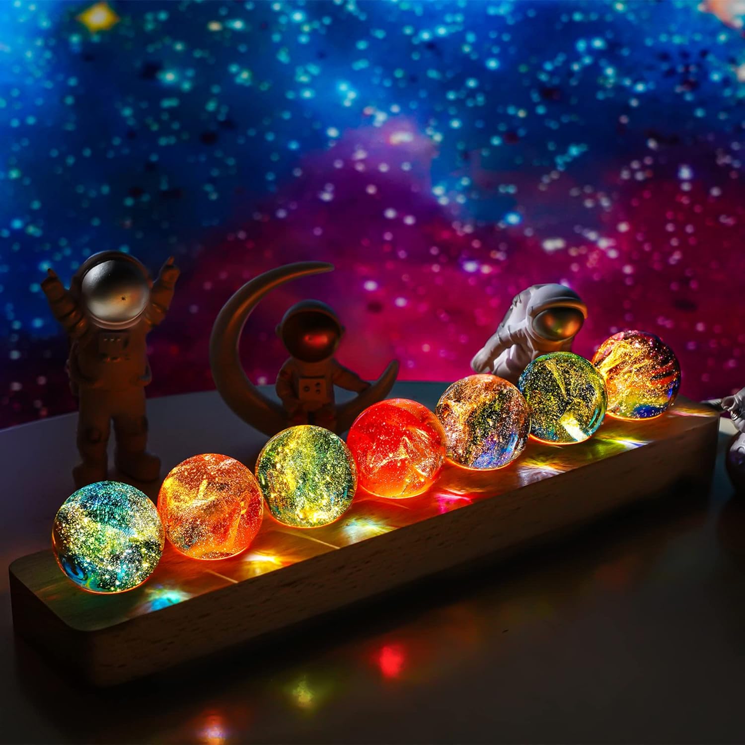 7 Chakra Natural Healing Spheres with LED Wooden Stand 40mm Crystal Quartz Stones for Meditation Positive Energy Night Light Decoration Balls Set for Home 广告素材