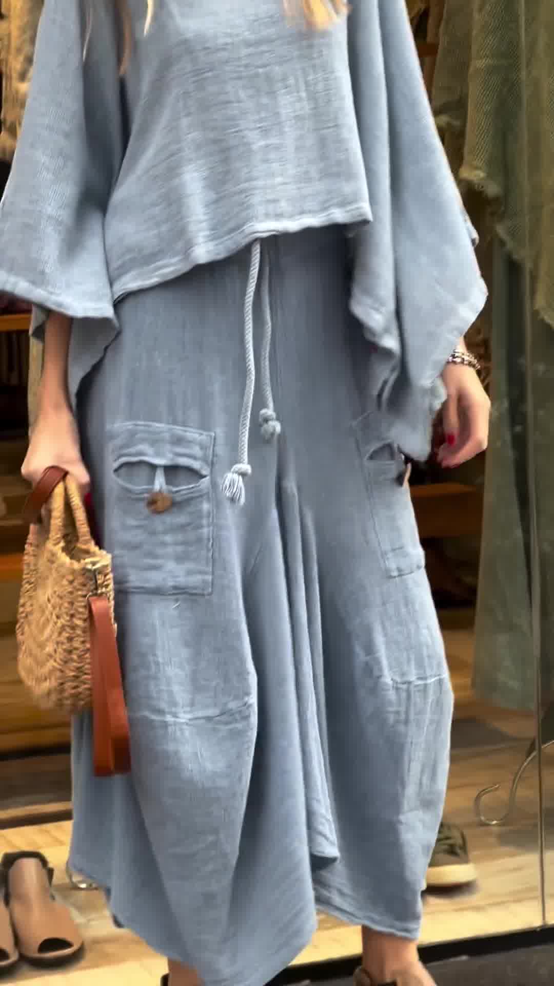 Women's Round Neck Mid-length Sleeve Casual Cotton and Linen Suit 广告素材