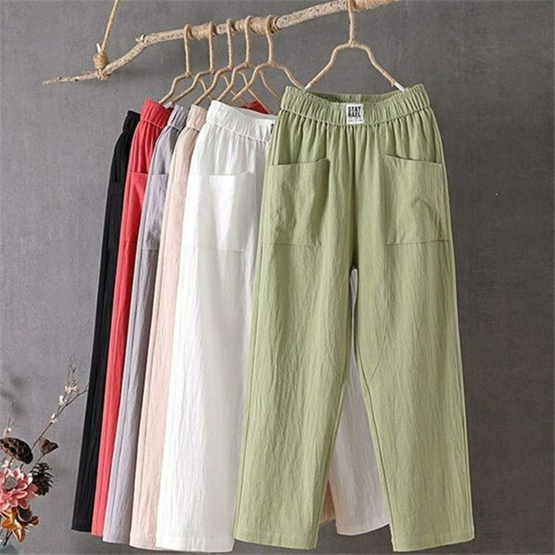 Lässige Hose aus Baumwolle und Leinen mit elastischer Taille 广告素材