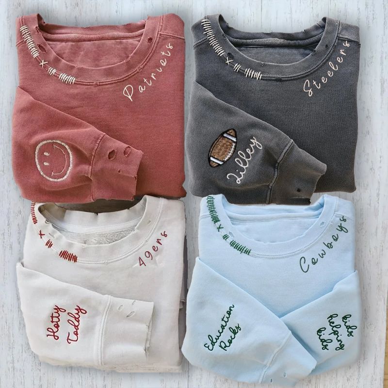VINTAGE CUSTOM CREW-Custom Embroidered Hand Distressed Crew Neck Sweatshirt Popular Now ad creative