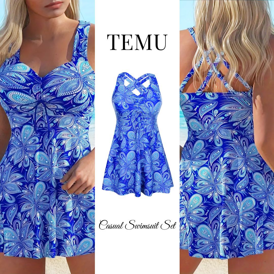 Plus Size Casual Swimsuit Set, Women's Plus Allover Paisley Print Drawstring Ruched Sweetheart Neck Criss Cross Back Tank Top & Shorts Swimsuit Two Piece Set - Beachwear - Temu 广告素材
