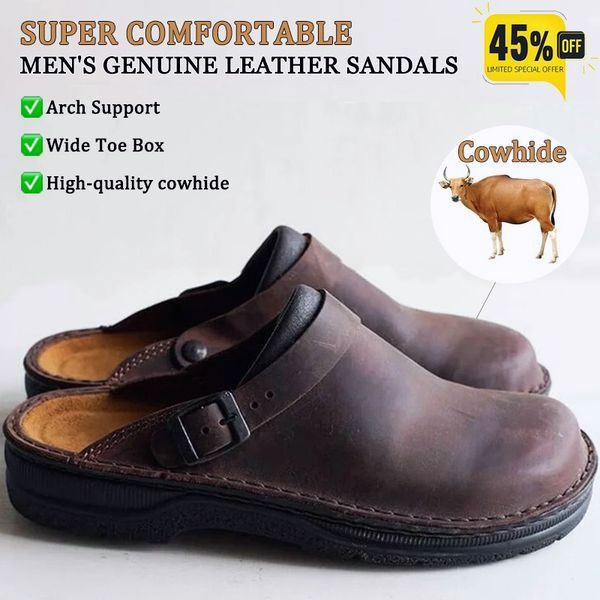 Large Square Toe Low Cut Men's Casual Plus Size Genuine Leather Slippers 广告素材