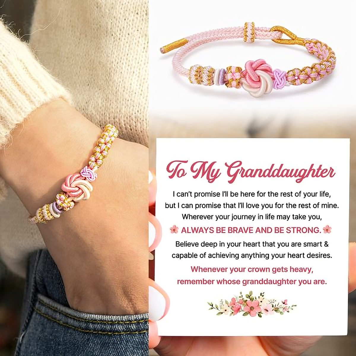 Grandmother & Granddaughter ‘Be Brave and Be Strong’ Peach Blossom Knot Bracelet 广告素材