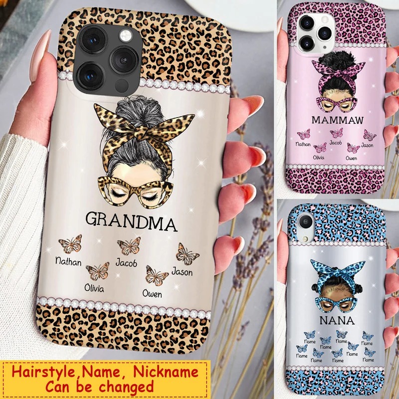 Messy Bun Grandma Mom Nana Leopard Butterfly Kids Personalized Glass Phone case NVL20DEC22CT1 ad creative