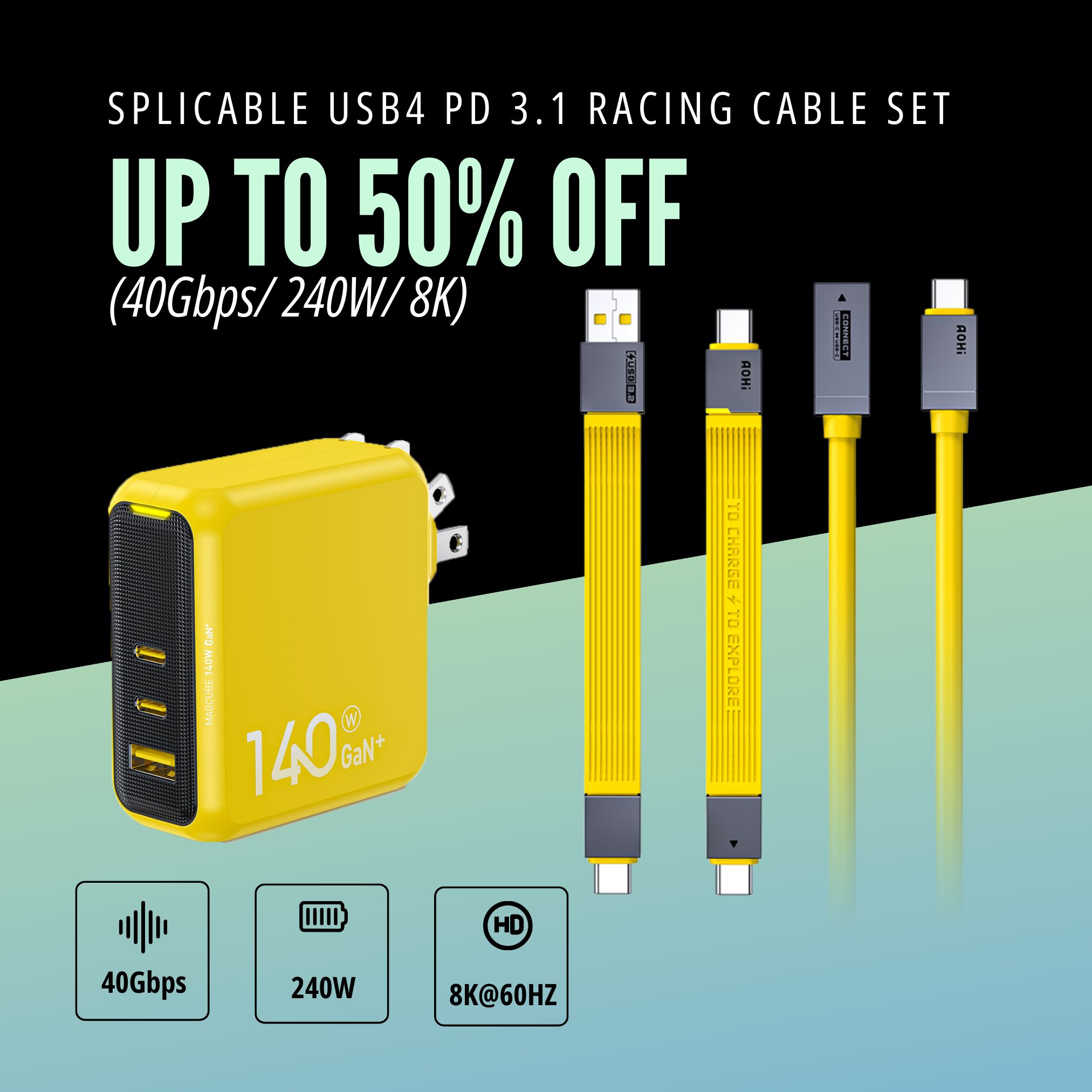 AOHI The Future 4-In-1 Splicable USB4 PD 3.1 Racing Cable Set (40Gbps/ 240W/ 8K) ad creative
