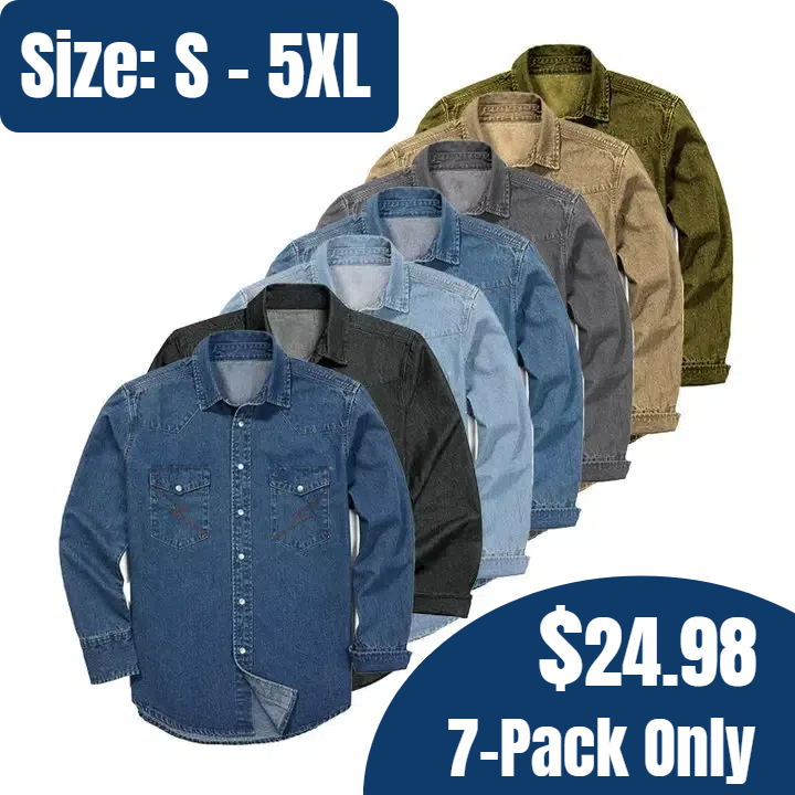 Last Day 49% Off🔥Men's Long Sleeve Stone-Washed and Pre-Washed Denim Work Shirt(The buttons on this shirt are snap buttons) ad creative