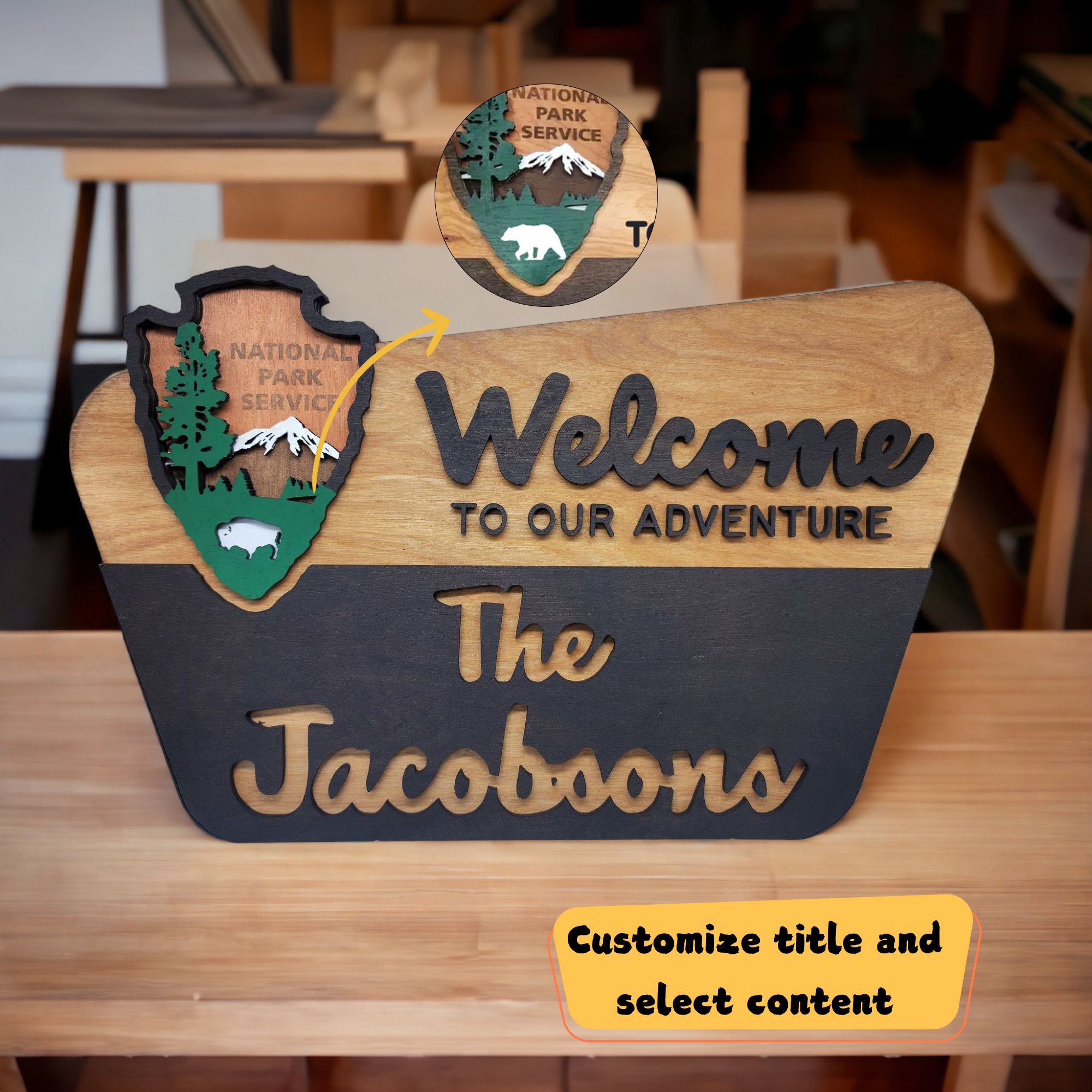 National Park Service Welcome Sign - NPS inspired family name sign, custom layered laser cut & engraved, wilderness enthusiast ad creative