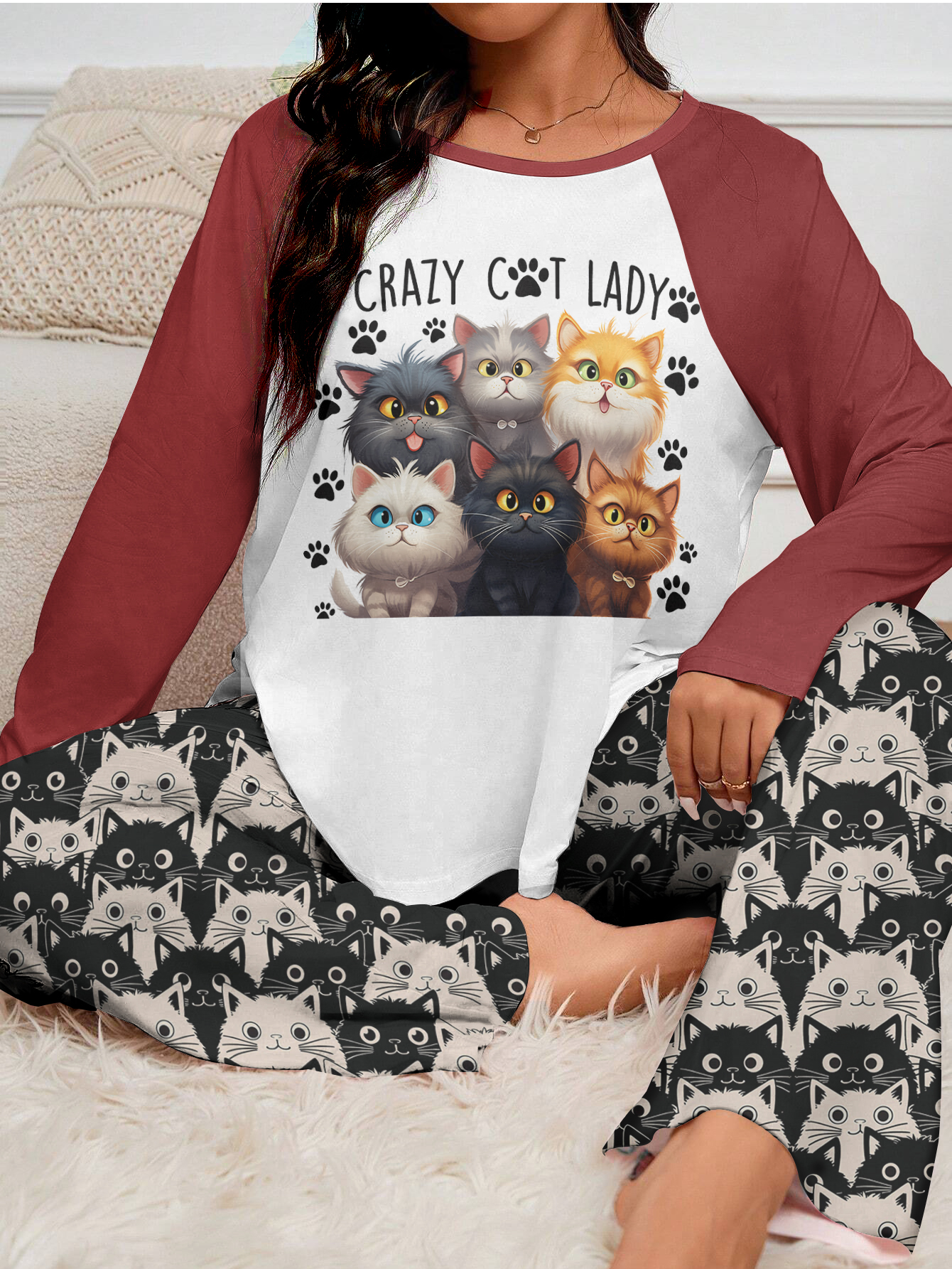 Cat Lover Raglan Lounge Pajamas Crazy Cat Lady ad creative