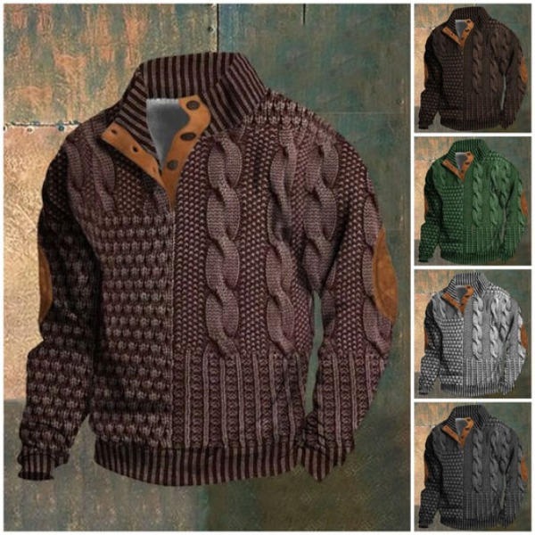 Men's Casual Retro Cashmere Stand Collar Button Sweatshirt 广告素材